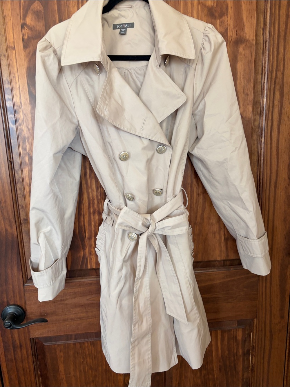 Roz & Ali Light Beige Double-Breasted Trench Coat with Waist Tie